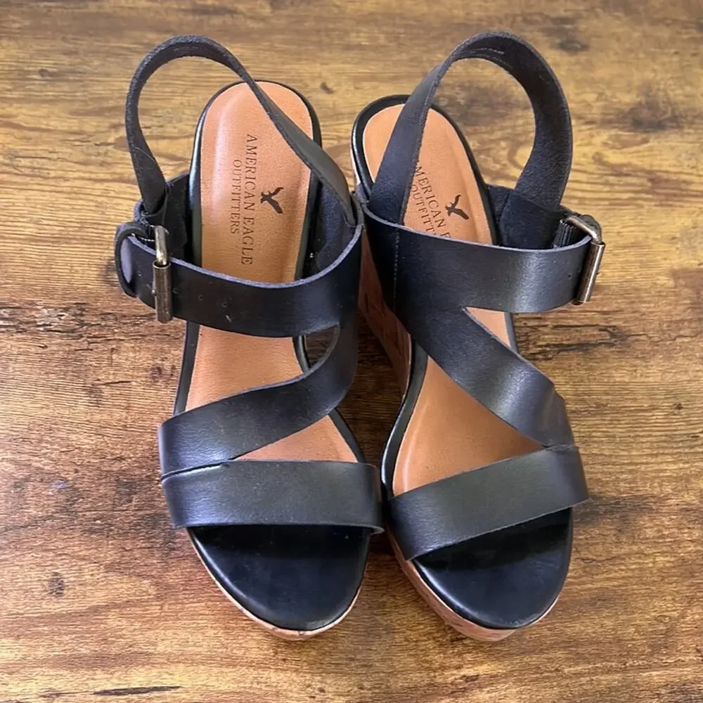 American Eagle Black Thick Strappy Cork Open Toe Platforms